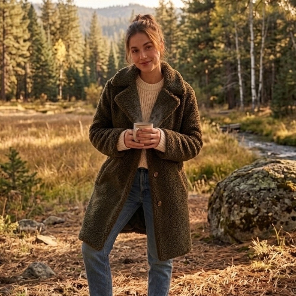 C&C California Olive Green Sherpa Teddy Bear Coat L Cozycore Hygge Clean‎ Girl